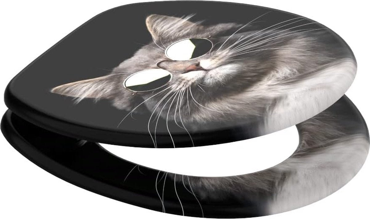 toilet seat with soft closing mechanism I High-quality wooden toilet seat I Toilet lid in various designs (Cool Cat)