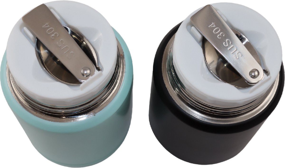 Light Blue & Black Thermos Food Container with Spoon x2 - Thermos Flask - Food container for noodles, soup, oatmeal, ice cream, baby food and more! - Yogurt cup to go - Thermos cup for taking food with you - Light Blue & Black - 450ml