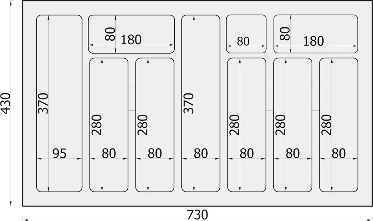 Bestekbak Divio voor laden 80 cm | breedte 73 cm x diepte 43 cm | op maat te snijden | met 10 vakken | Kleur: antraciet | bestekbak opbergsysteem