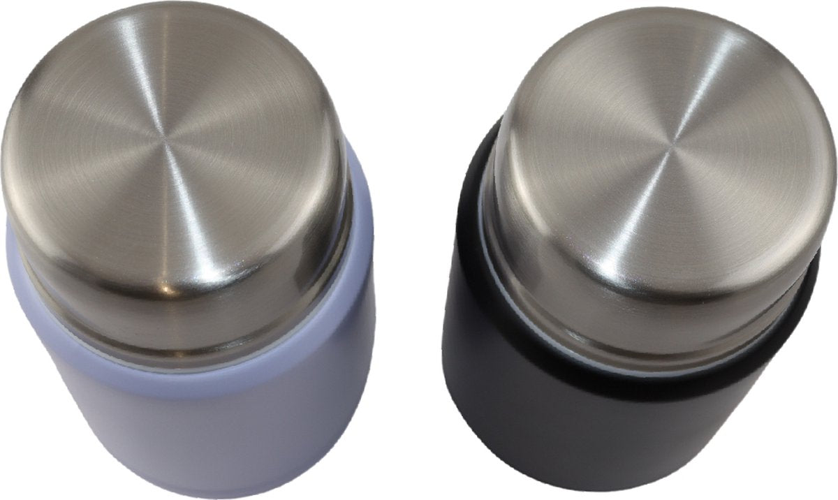 Lichtpaarse & Zwarte Thermos Voedselcontainer met Lepel x2 - Thermoskan - Voedselcontainer voor noedels, soep, havermout, ijs, babyvoeding en meer! - Yoghurtbeker to go - Thermosbeker voor het meenemen van eten - Lichtpaars & Zwart - 450ml