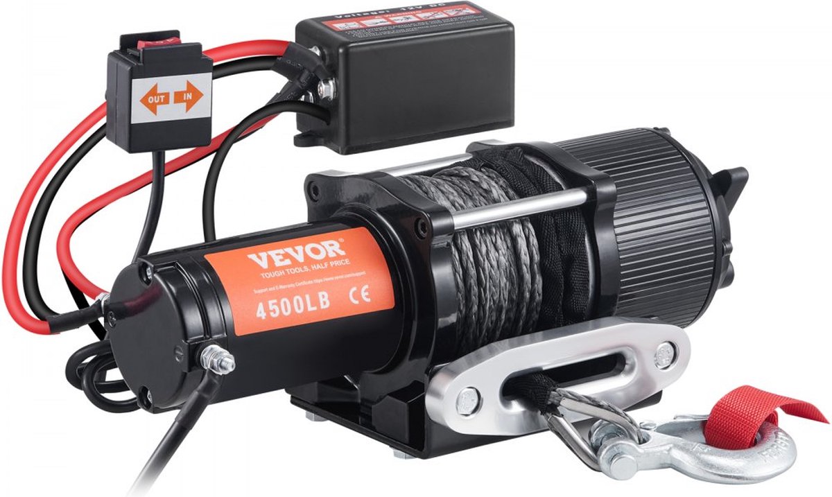 Electric Winch 12V Winch 4500lbs/2041kg Offroad Motor Winch Cable Electric Winch Nylon Rope with Wireless Remote Control Black Ideal for