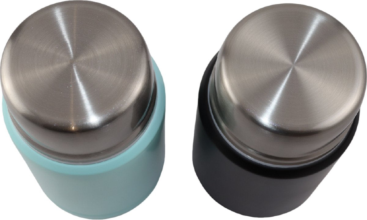 Light Blue & Black Thermos Food Container with Spoon x2 - Thermos Flask - Food container for noodles, soup, oatmeal, ice cream, baby food and more! - Yogurt cup to go - Thermos cup for taking food with you - Light Blue & Black - 450ml