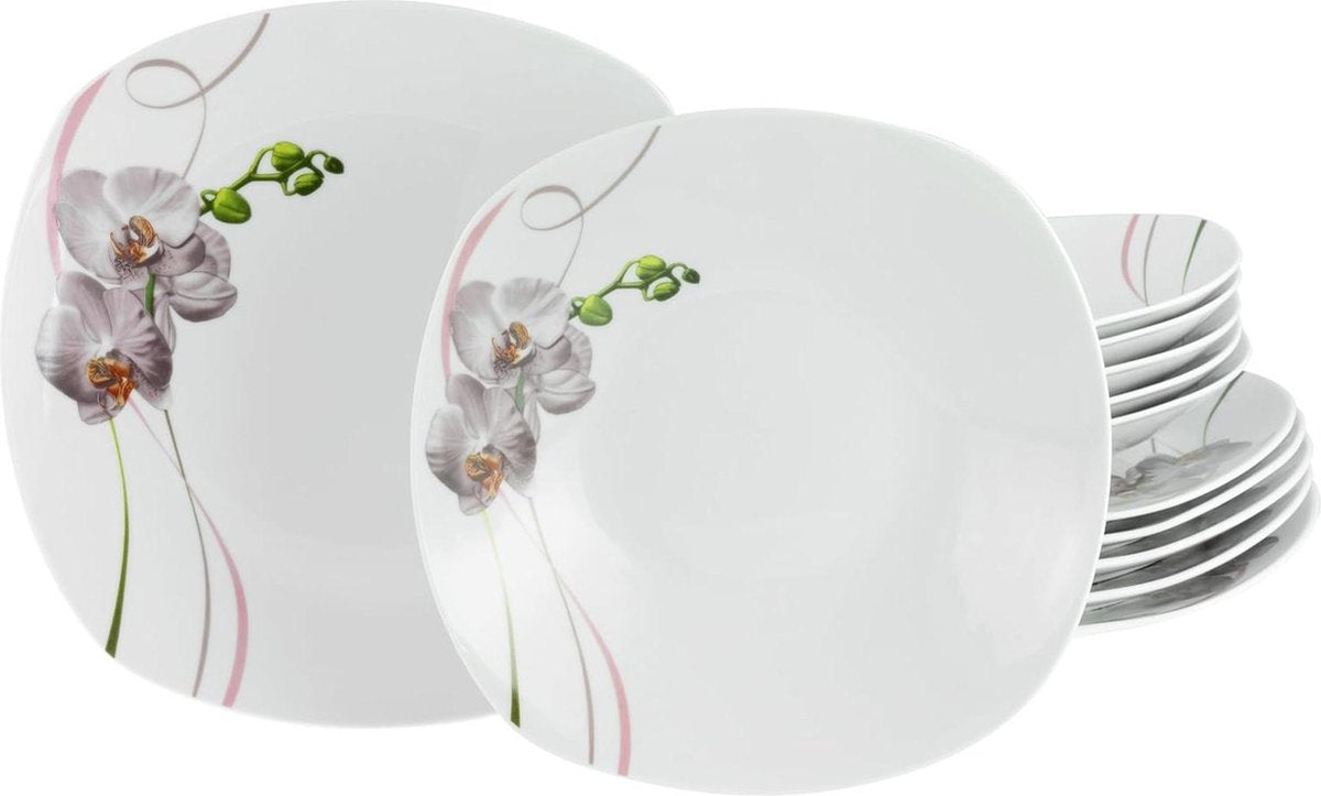 12-delige serviesset voor 6 personen - Square Orchidee - porselein - vaatwasser- en en magnetronbestendig - kwaliteitsproductie bordenset 6 person