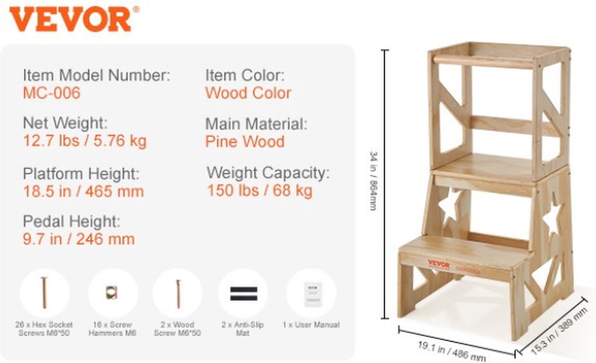 EliteNest® - Peuter Opstapje - Natuurlijk Dennenhout - Keukenopstapje voor Kinderen - Badkamer & Aanrecht - Stevig "A"-Frame - 68 kg Draagvermogen