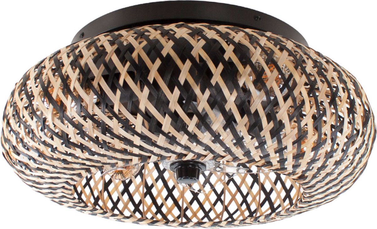 Ceiling fan with light - Rattan natural / black Ø 50 cm