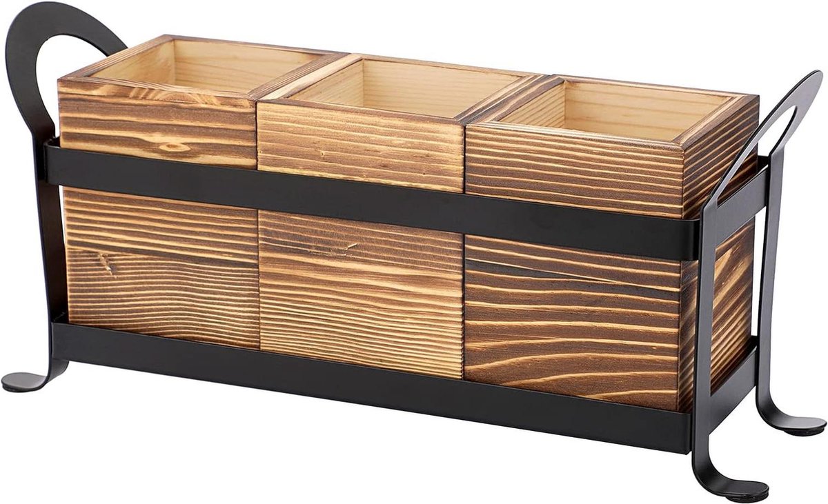 Bestekhouder Caddy met Metalen Lade - 3 Vakken Organizer voor Keuken Aanrecht - Multifunctionele Houten Opbergdoos