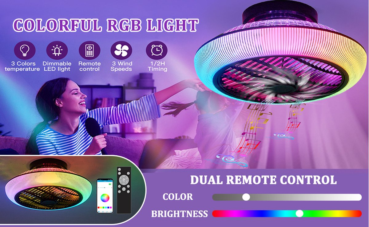 LuxiLamps - RGB Smart Plafond Ventilator - Met Speaker - Dimbaar Met Afstandsbediening En App - Muziek Plafondventilator - 46 cm - Woonkamerlamp - Moderne lamp