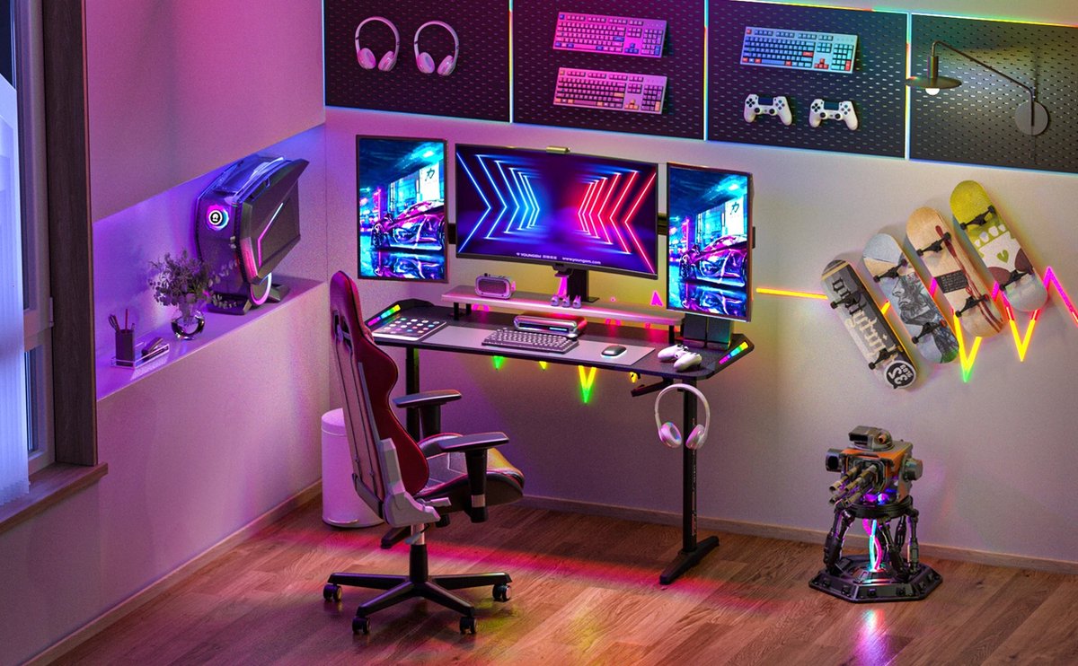 vanBoni Gaming Bureau Hoogte verstelbaar - Gaming Desk - Gaming Bureau met Led Verlichting - Zit Sta Bureau - 160x60x120CM - Zwart