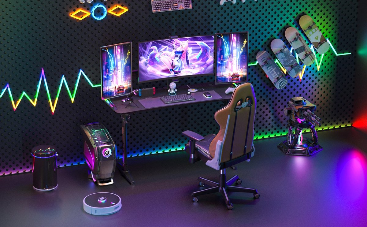 vanBoni Gaming Bureau Hoogte verstelbaar - Gaming Desk - Gaming Bureau met Led Verlichting - Zit Sta Bureau - 160x60x120CM - Zwart
