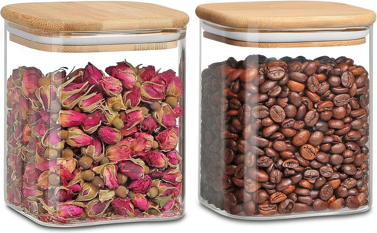 Glazen potten met deksels, keuken opbergcontainers met luchtdichte bamboedeksels voor het bewaren van pasta, noedels, bonen, koffie, granen, rijst, koekjes, noten, grote capaciteit transparant glas opbergpotten 2 stuks 800ml