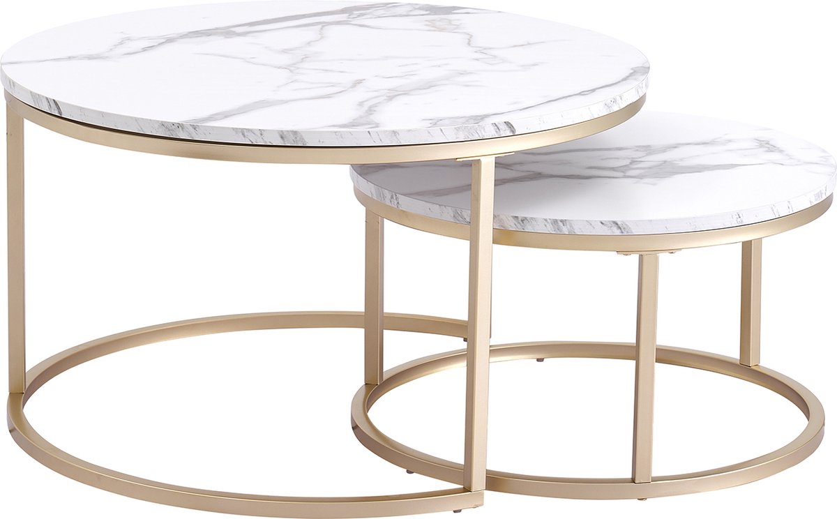 Nique Ronde Salontafels Wit Marmer set van 2 – Bijzettafel Goud – Salontafel Rond MDF Marmerlook Ø80 & Ø60cm