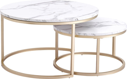 Moderne Salontafel - Set van 2 - 60 en 40 cm - Koffietafel - Bijzettafel - 2 Stuks - Ronde Salontafel - Salontafels Industrieel - Marmerlook - Wit - Goud