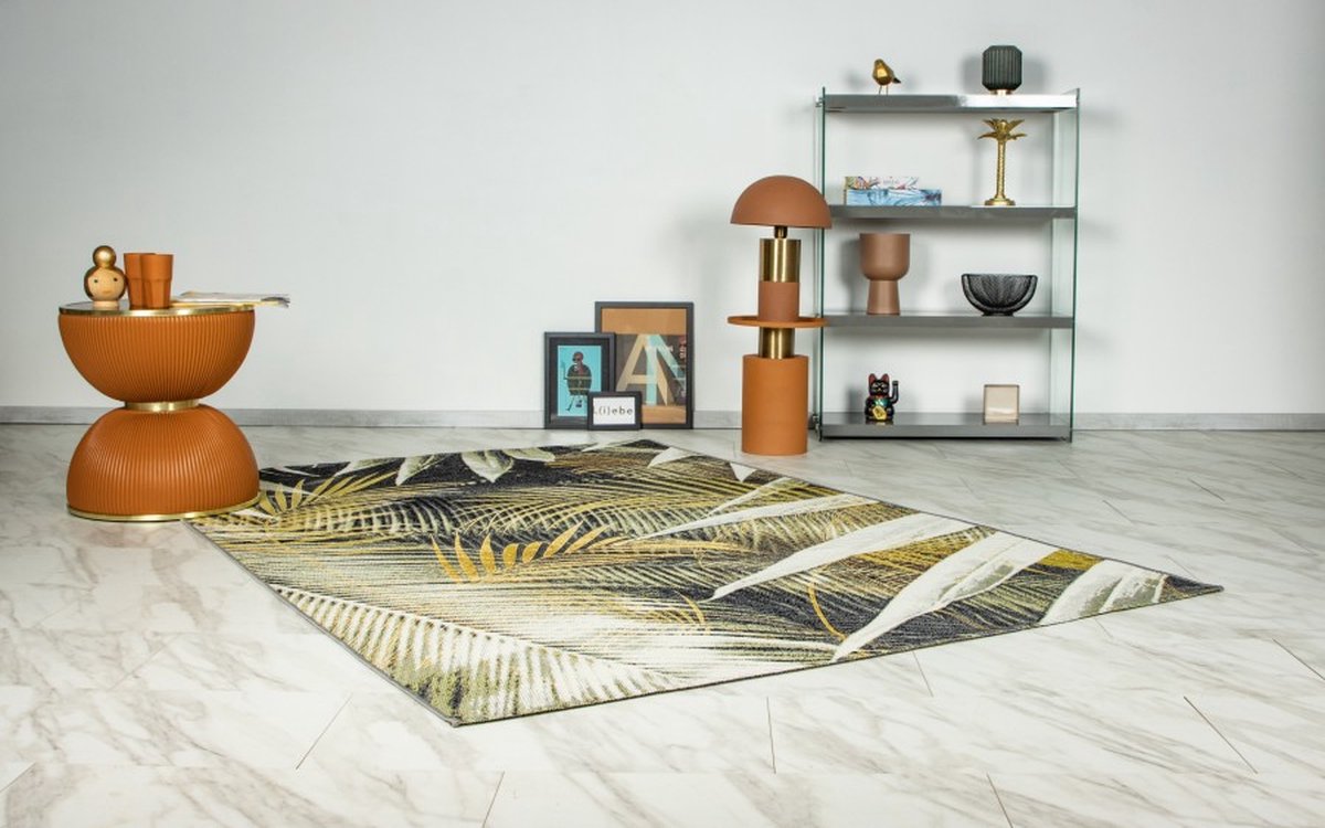 Lalee Summer - Vloerkleed - Out- indoor - Buitengebruik - Flatweave - Tuin - Blad - Strandtapijt - Rotsen - 120x170 cm - Groen beige