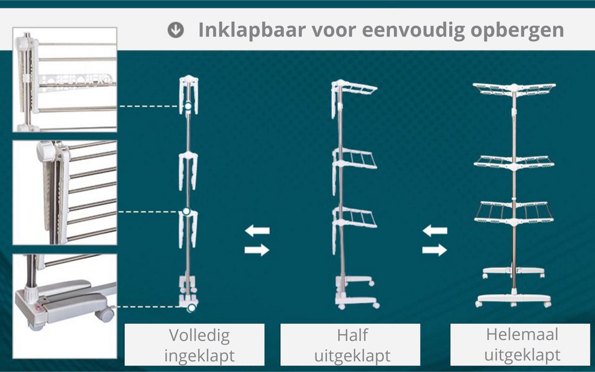 Droogrek - Wasrek - Wasdroogrek - Droogtoren - Uittrekbare waslijn - Verrijdbaar - Inklapbaar - 4 niveaus - H172 cm
