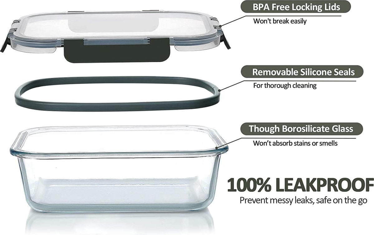 Glass food storage containers, 24 pieces, 12 containers + 12 lids, glass container, transparent lid, BPA-free, for home, kitchen or restaurant