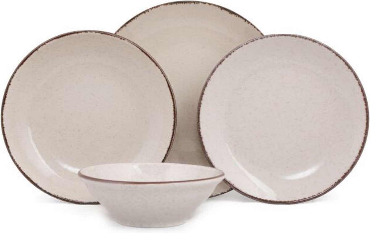Asir Serviesset - Dinerset (24 Stuks). Room - Serveerbord: 25x25x3 cm (6 stuks) Diep bord: 21x21x4 cm (6 stuks) Kom: 16x16x5,5 cm (6 stuks) Dessertbord: 21x21x2,5 cm (6 stuks) 100% PORSELEIN