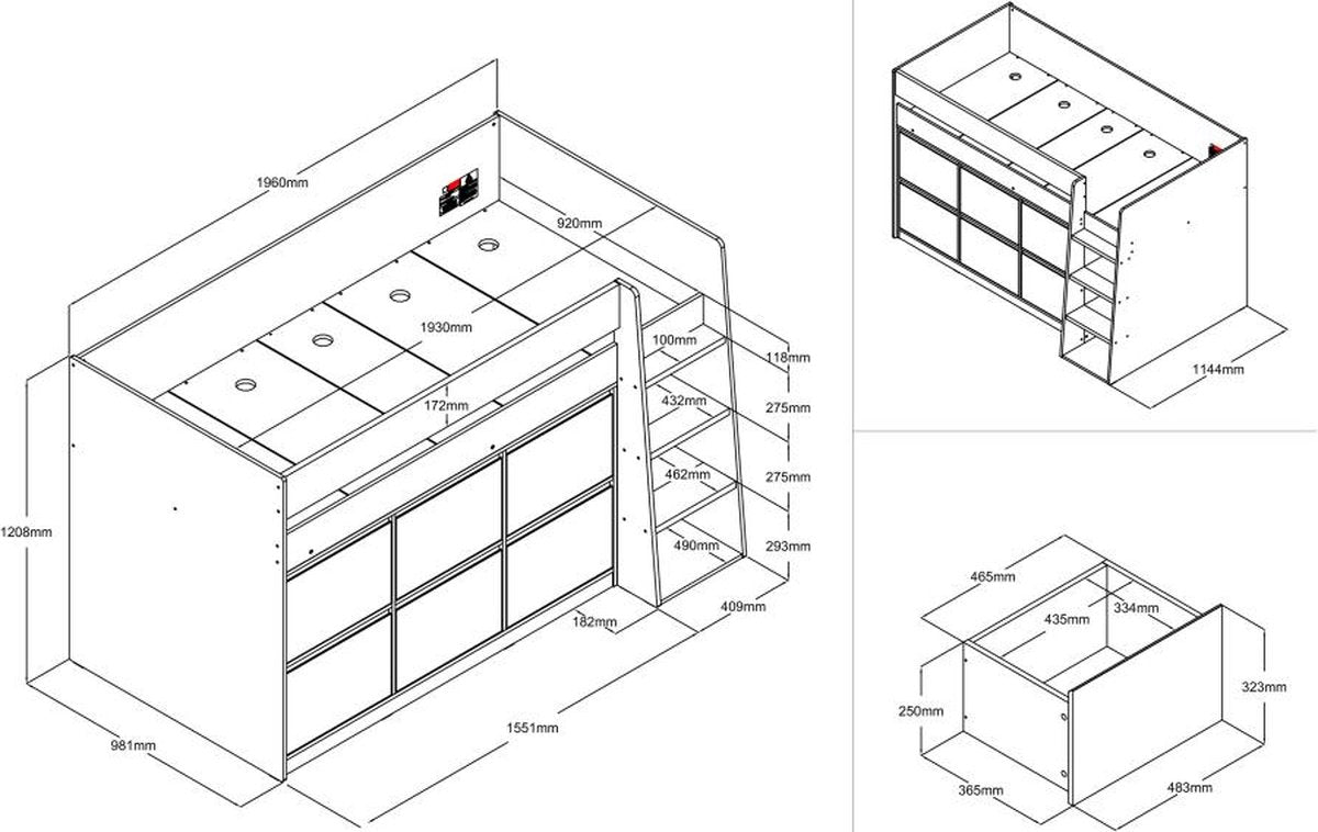 Vente-unique Halfhoogslaper 90 x 190 cm met 6 lades - Wit - CAMALETI L 196 cm x H 120.8 cm x D 114.4 cm