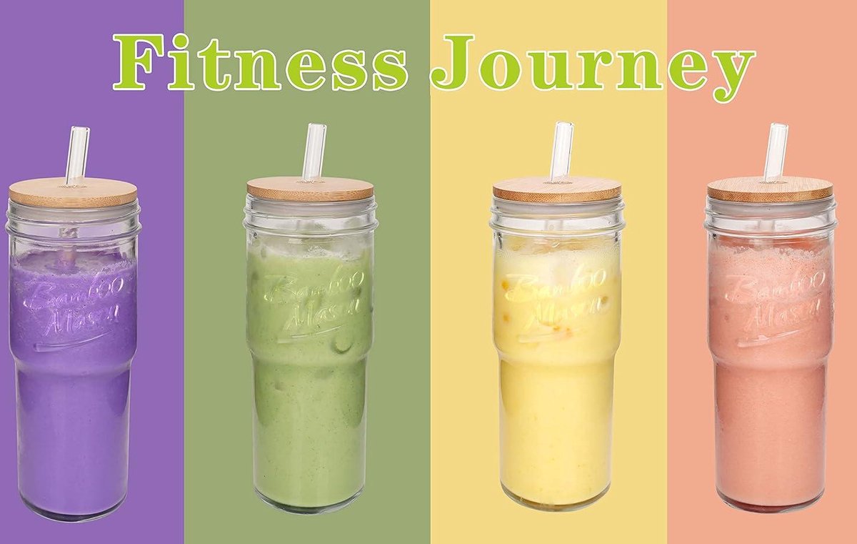 Glass Cups with Lids and Straws - Set of 4 - 680 ml - Travel Coffee Mug - Wide Mouth - Mason Jar - Iced Coffee Cup - Smoothie Cup - Glass Tumbler - Tea Cup - Clear - Cute Water Cups - Drinking Jars - Glasses