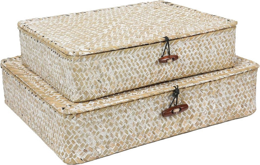 Set van 2 plat geweven rieten manden met deksel, natuurlijke zeegras-mandboxen, multifunctionele organizer, dozen voor plankorganizer