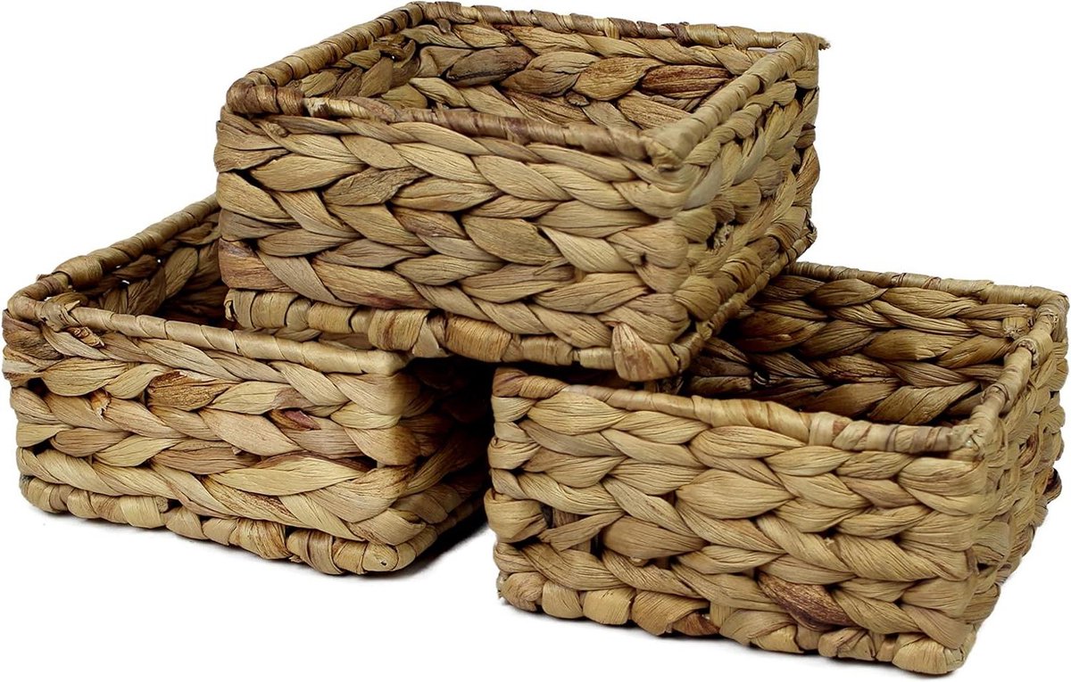 Square Water Hyacinth Small Baskets for Storage - Natural Color Woven Basket Open Shelves - Decorative Gift Box - Small Bathroom Mini Drawer Makeup Bathroom - Kitchen Organizer - Small 14cm 3 x Basket - HTML content needed