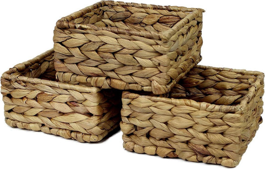 Square Water Hyacinth Small Baskets for Storage - Natural Color Woven Basket Open Shelves - Decorative Gift Box - Small Bathroom Mini Drawer Makeup Bathroom - Kitchen Organizer - Small 14cm 3 x Basket - HTML content needed