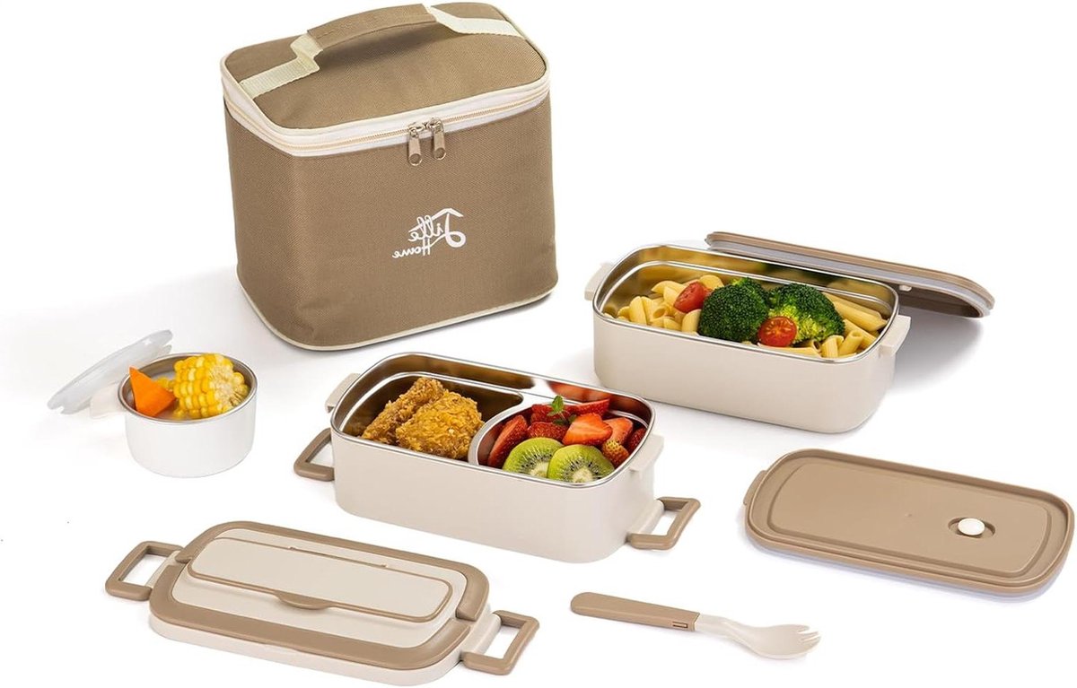 Lunchbox 1900ml Bento Box Volwassen Lunchbox roestvrij staal thermisch compartiment Tiffin Lunch Snack Box 2-laags geïsoleerde Bento voedselcontainer Stapelbare lunchbox met lunchtas en soepkom - Maat Large, Lille Home