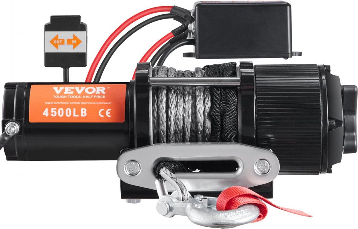 Electric Winch 12V Winch 4500lbs/2041kg Offroad Motor Winch Cable Electric Winch Nylon Rope with Wireless Remote Control Black Ideal for