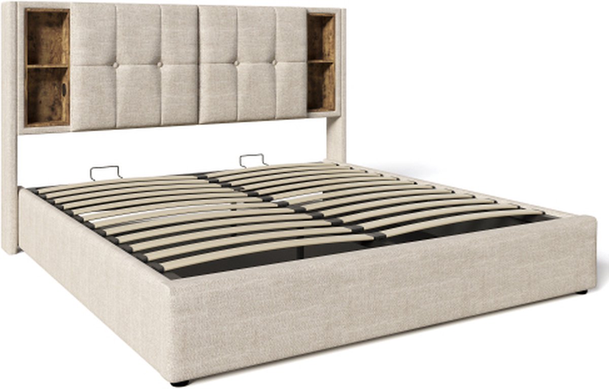160x200 cm Tweepersoonsbedden met laden, bedbodem met opbergruimte, natuurlijke houten lattenbodem, beige