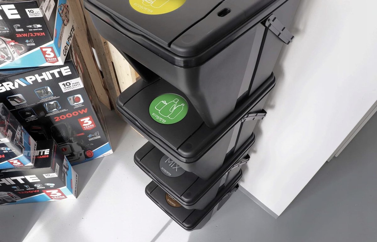 Vuilnisbak 4 vakken afvalscheidingssysteem 100 l - 4 x 25 l groene sorter afvalscheider 5 stickers kleuren afvalscheider voor biologisch afval papier, glas afvalscheidingssysteem voor afvalscheiding in de keuken