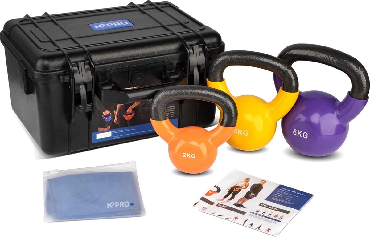 Pro Fitness Kettlebell Set – set van 3 gewichten – 2, 4 en 6 kg – Gietijzer – Opbergdoos - Cadeau
