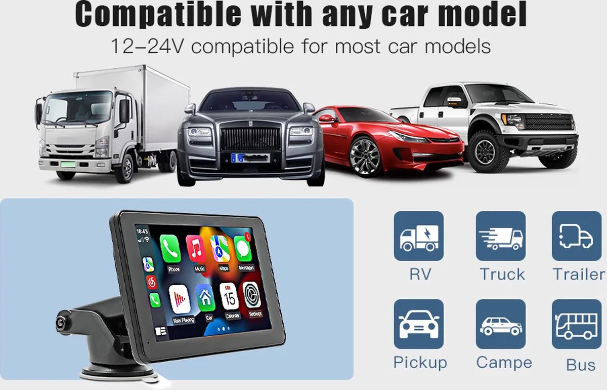 7 inch Scherm geschikt voor Apple Carplay en Android Auto - Draadloos Autoradio Dongle - Bluetooth Multimedia Speler