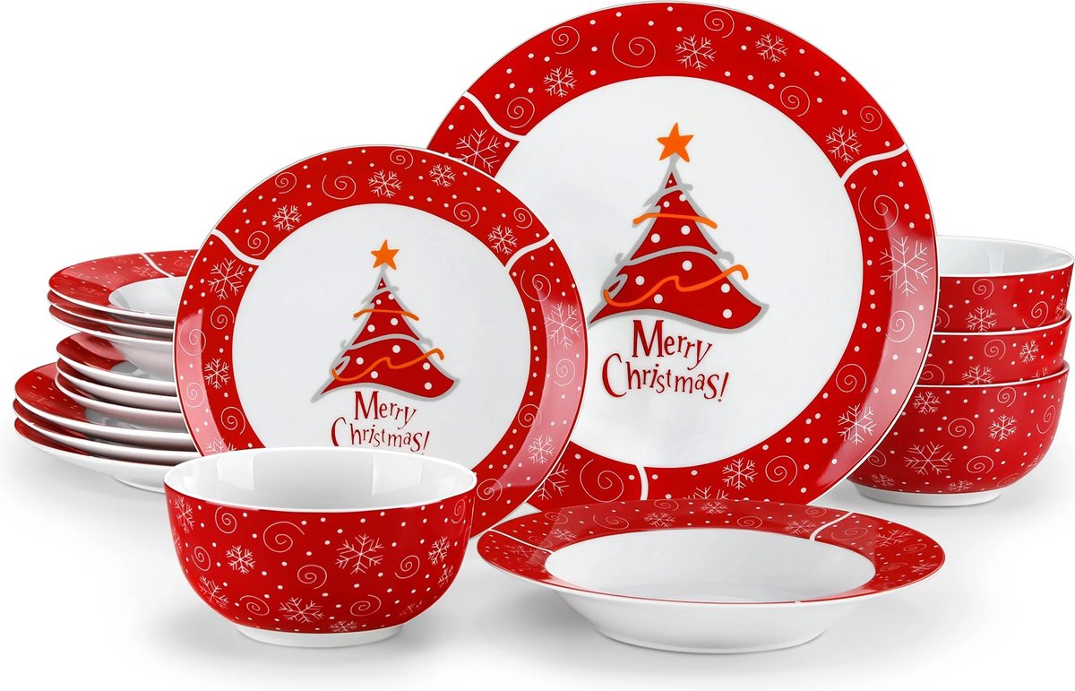 Serviesset - Serviesset 6 personen - Serviessets - Vrolijk kerstfeest - Porselein - 18-Delig Servies - Dinerbord - Dessertbord - Kom