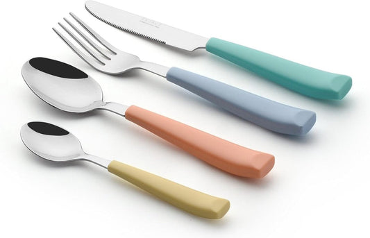24-Piece Colored Cutlery Set - Stainless Steel with Vividly Colored Plastic Wide Handles - Comfortable to Hold - 6 x Forks, 6 x Dinner Knives, 6 x Tablespoons, 6 x Teaspoons
