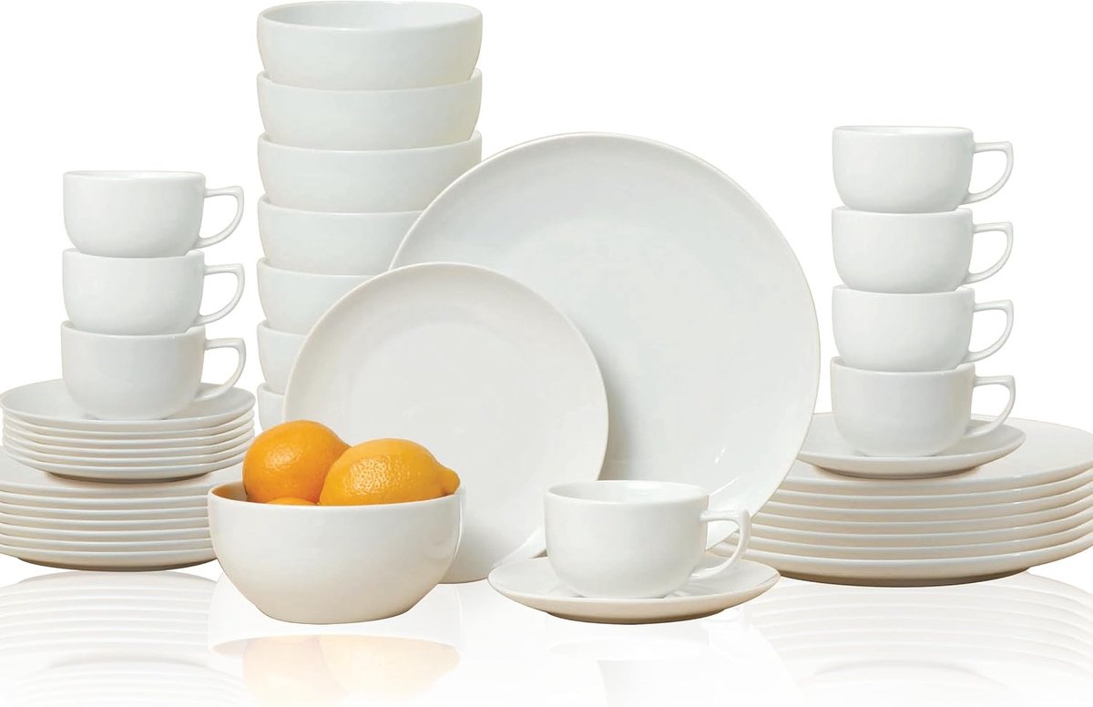 Servies - 40-delig servies - 8 personen - porselein - inclusief borden, dessertborden, kommen, schotels en kopjes - wit