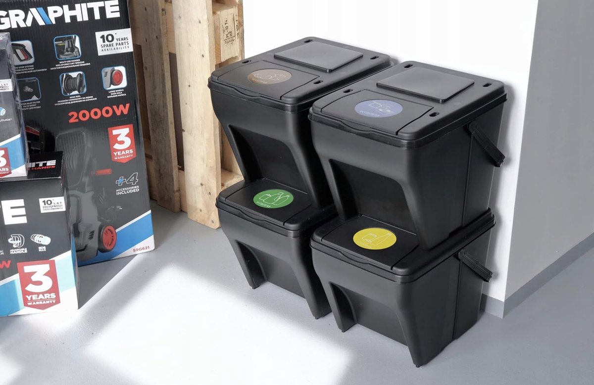 Afvalscheidingssysteem met 4 vakken van 100 l - 4 x 25 l groen, afvalscheider met 5 stickers, gekleurde afvalscheider voor biologisch afval, papier en glas, afvalscheidingssysteem voor in de keuken