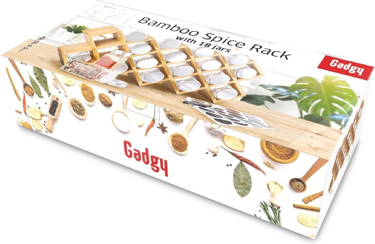 Kruidenpotjes met Stickers - Gadgy Kruidenrek Staand - Glazen Potjes met Deksel - Kruidenrekje Bamboe - Set inclusief Rekje - Kruidenstrooier - Stickers - Strooideksel - Stift
