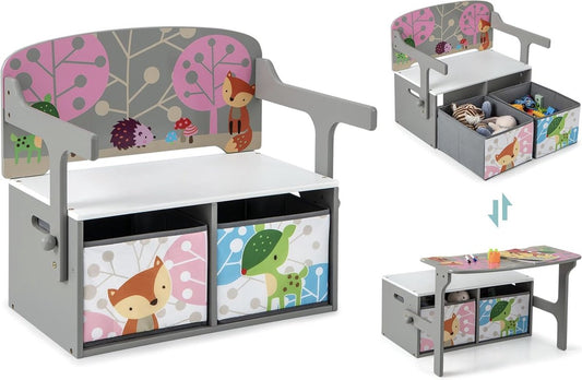 3-in-1 kindertafel met bankje, kinderzitgroep met 2 uitneembare manden, kinderbankje met opbergruimte, speelgoedkist met rugleuning, zitkist voor kinderkamer, grijs