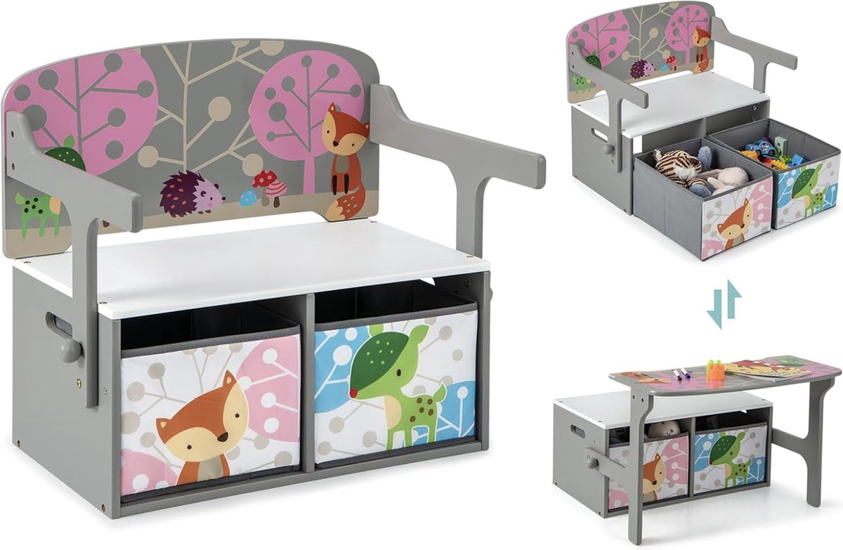 3-in-1 kindertafel met bankje, kinderzitgroep met 2 afneembare manden, kinderbank met opbergruimte, speelgoedkist met rugleuning, zitkist voor kinderkamer, grijs