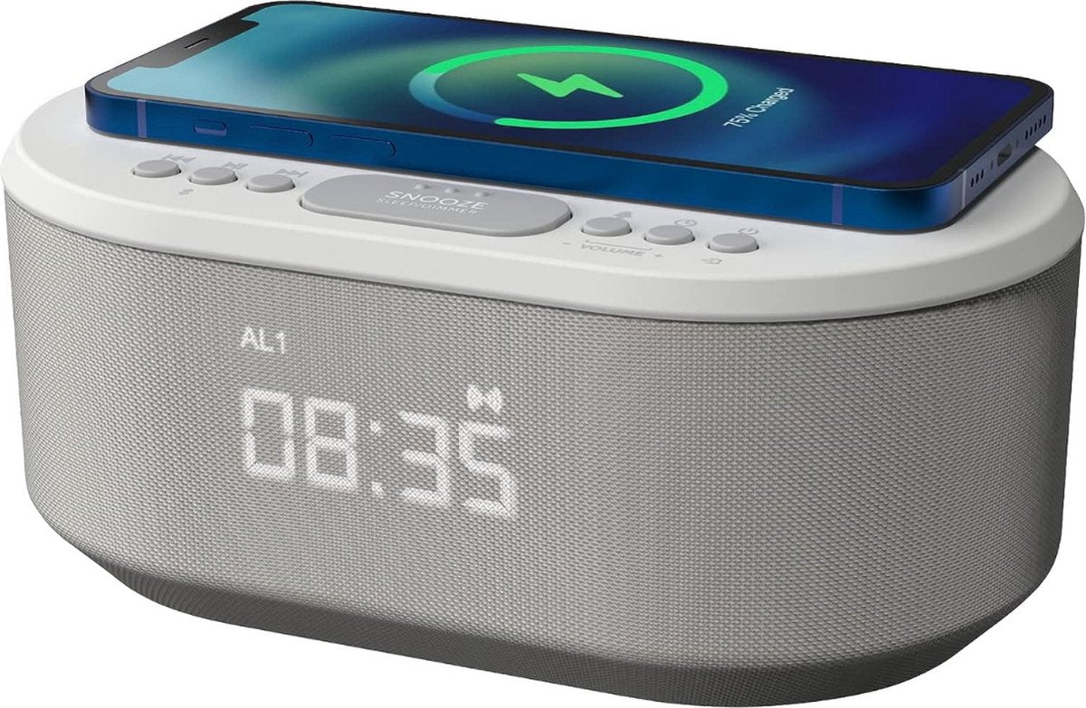 Radiowekker - Digitale wekker met draadloze oplader, wekkerradio digitaal met Bluetooth, USB-oplader, dimbaar LED-display en dubbel alarm, wekker (Wit)
