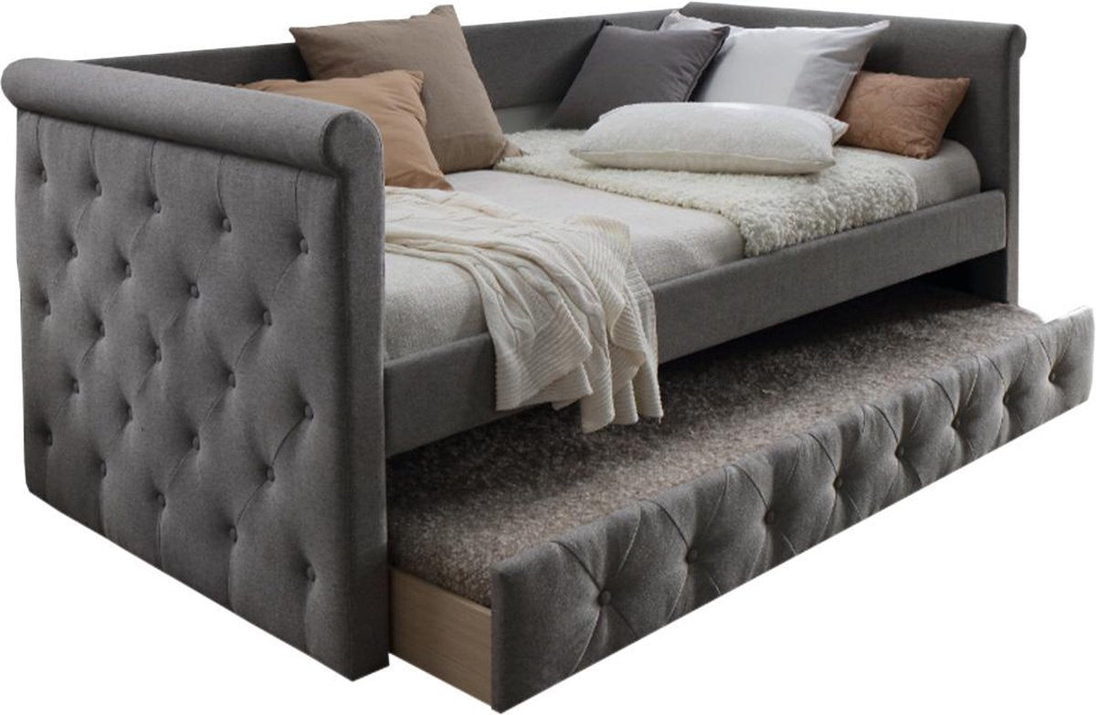 Vente-unique Bed met bedlade LOUISE - 2 x 90 x 190 cm - Grijze stof L 219 cm x H 95.2 cm x D 98.5 cm