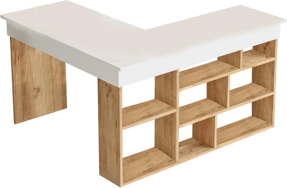 Hoekbureau met opbergruimte - Wit en naturel - LILEUL B 129 cm x H 72 cm x D 120 cm