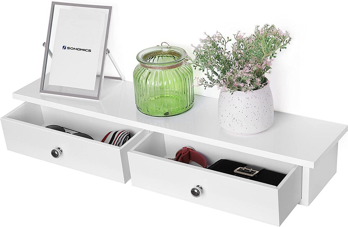 Wandplank, zwevende plank met 2 lades, hoogglans oppervlak, belastbaar tot 15 kg, 65 x 15 x 10 cm, hal, woonkamer en keuken, wit LWS65WT