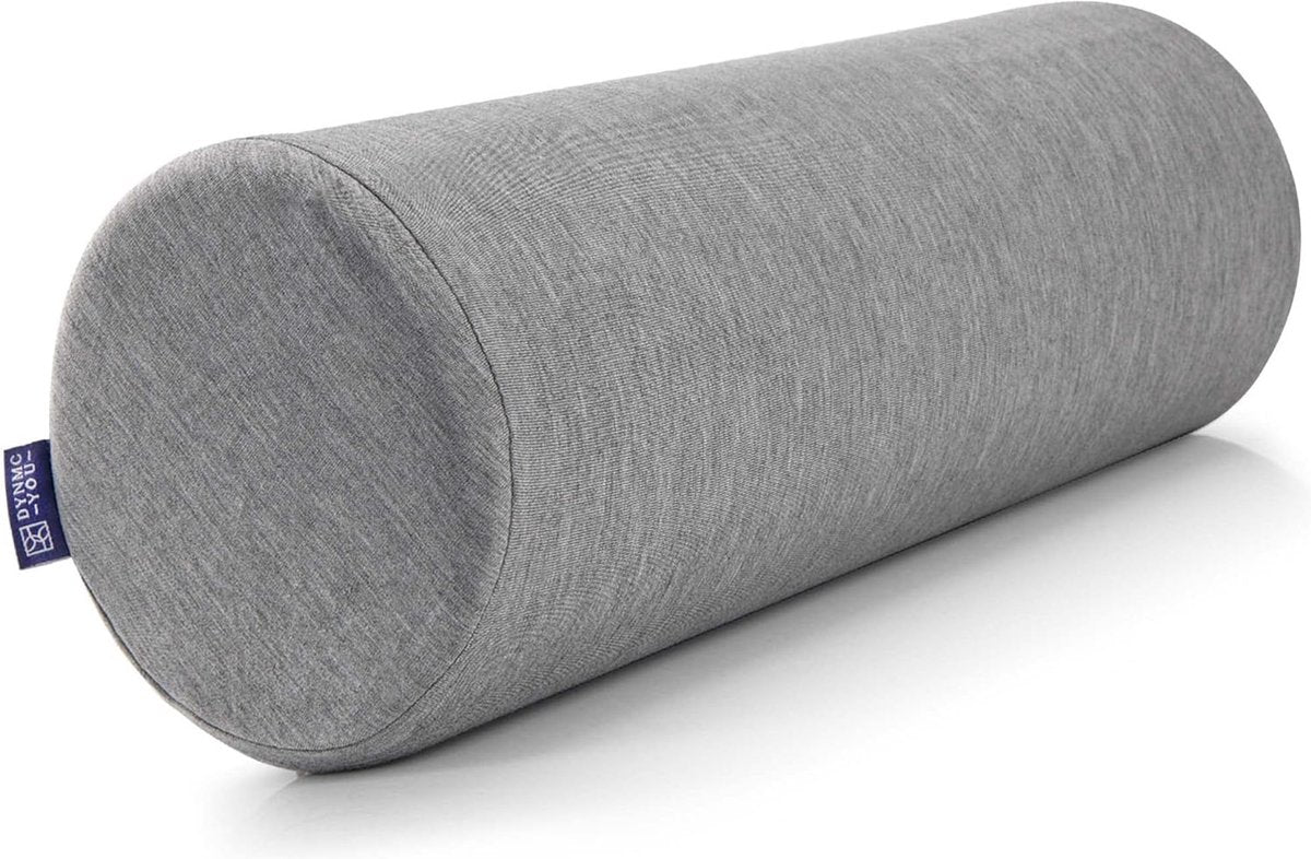 Comfortabele nekkussenrol met zachte bamboe hoes, Oeko-Tex - rond traagschuim kussen, middelhard, stabiel - perfect als stevige nekrol, reiskussen, knierol, rugkussen, bank, grijs