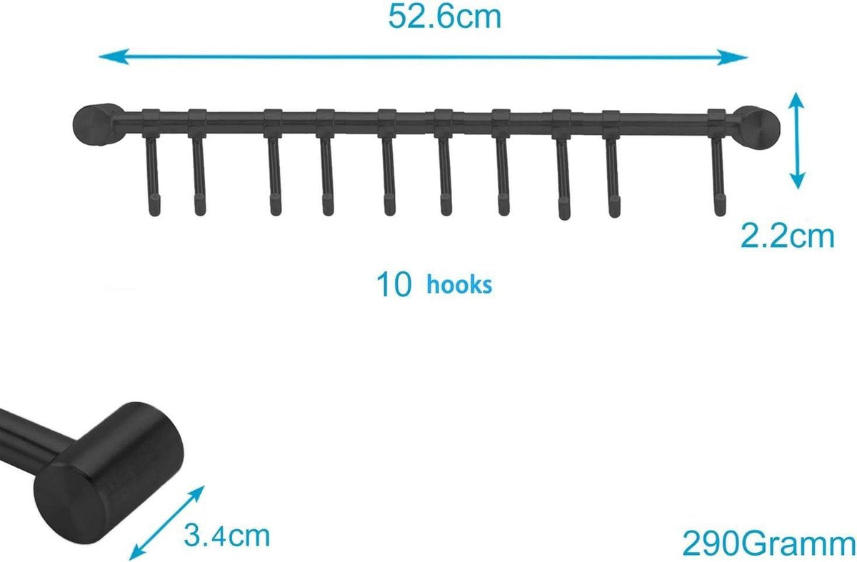 Roestvrijstalen ophangrail voor de keuken - 10 beweegbare haken - 526 x 34 x 22 mm - keukenreling-haakrail - keukengerei stang - bekerhouder muurbevestiging keukenstang