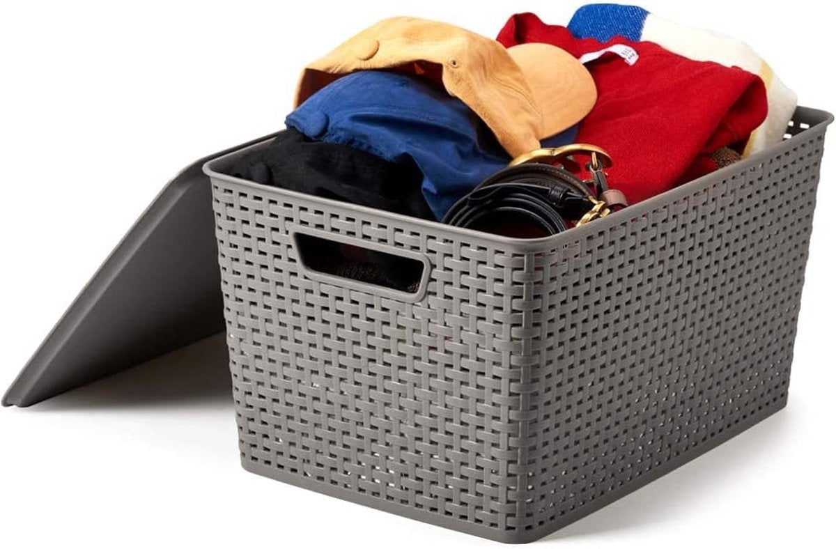 20 l opbergmand met deksel van kunststof, 5-delige set, mand, opbergkist in rotanlook voor keuken, kledingkast, kast