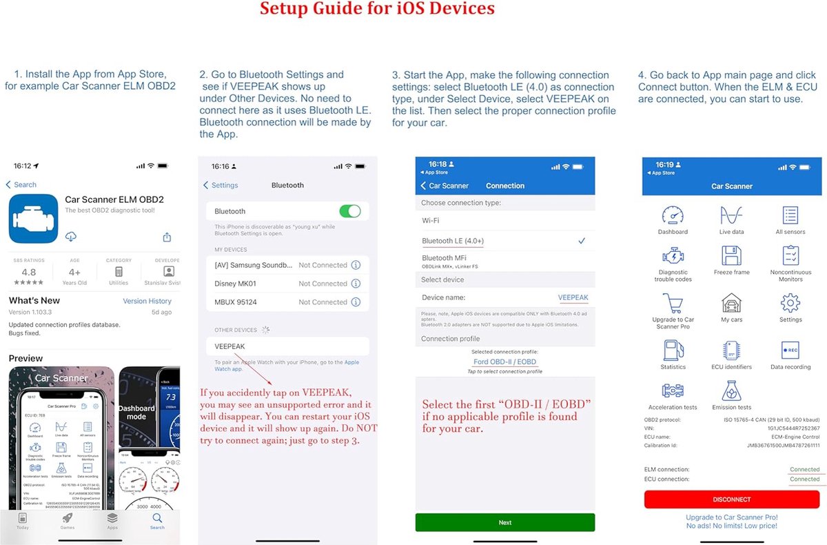 Obd2 scanner - Obd2 - OBDCheck BLE - Bluetooth 4.0 - OBD2-scanner voor iOS en Android - Auto diagnostische Codelezer - Scannen - Tool voor universele OBDII/EOBD-voertuigen