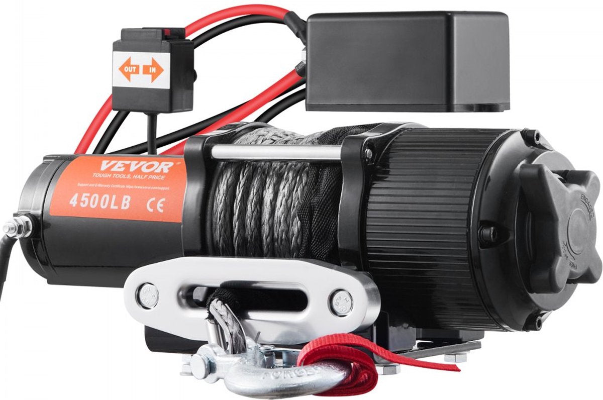 Electric Winch 12V Winch 4500lbs/2041kg Offroad Motor Winch Cable Electric Winch Nylon Rope with Wireless Remote Control Black Ideal for