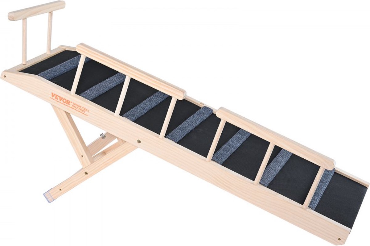 Dog ramp, 1,2 m lange hondentrap met 7 dwarsbalken, hondenautoloopplank van grenenhout, rubberen hondeninstaphulp, 6-traps hoogte-instellingen, dierenloopplank, ca. 113 kg draagvermogen, voor grote en kleine honden