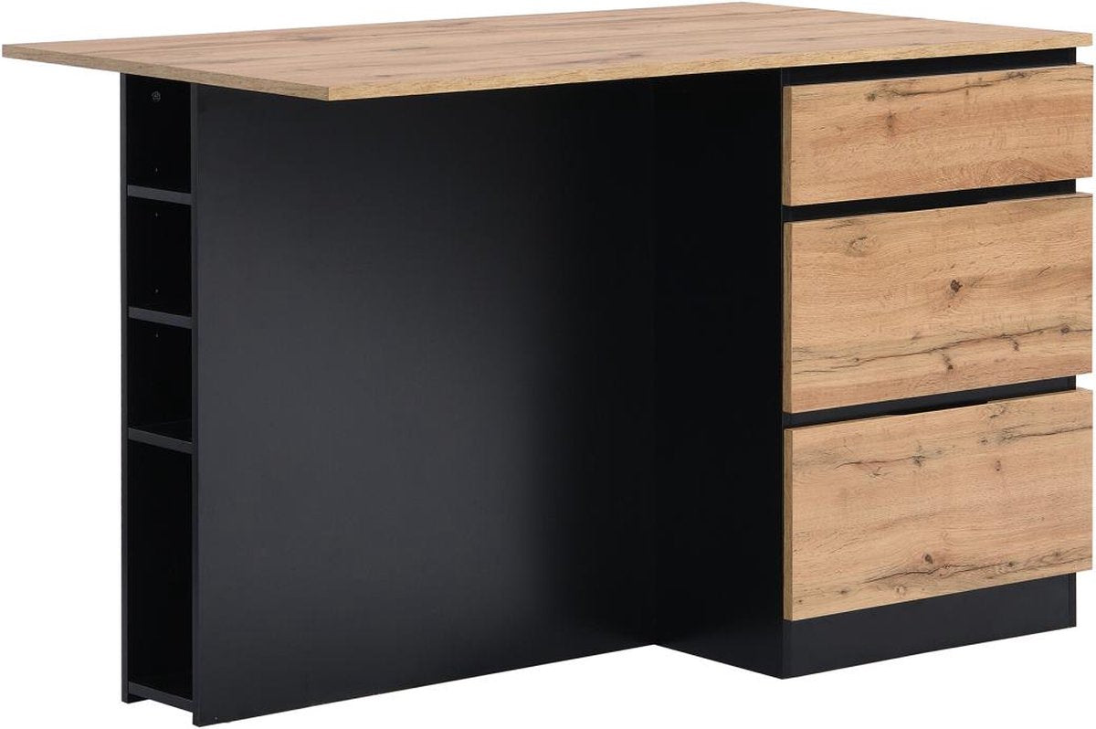 Vente-unique Centraal keukeneiland met 6 lades en 4 nissen van mdf - Licht naturel en zwart - POMARELA L 140 cm x H 91 cm x D 80 cm