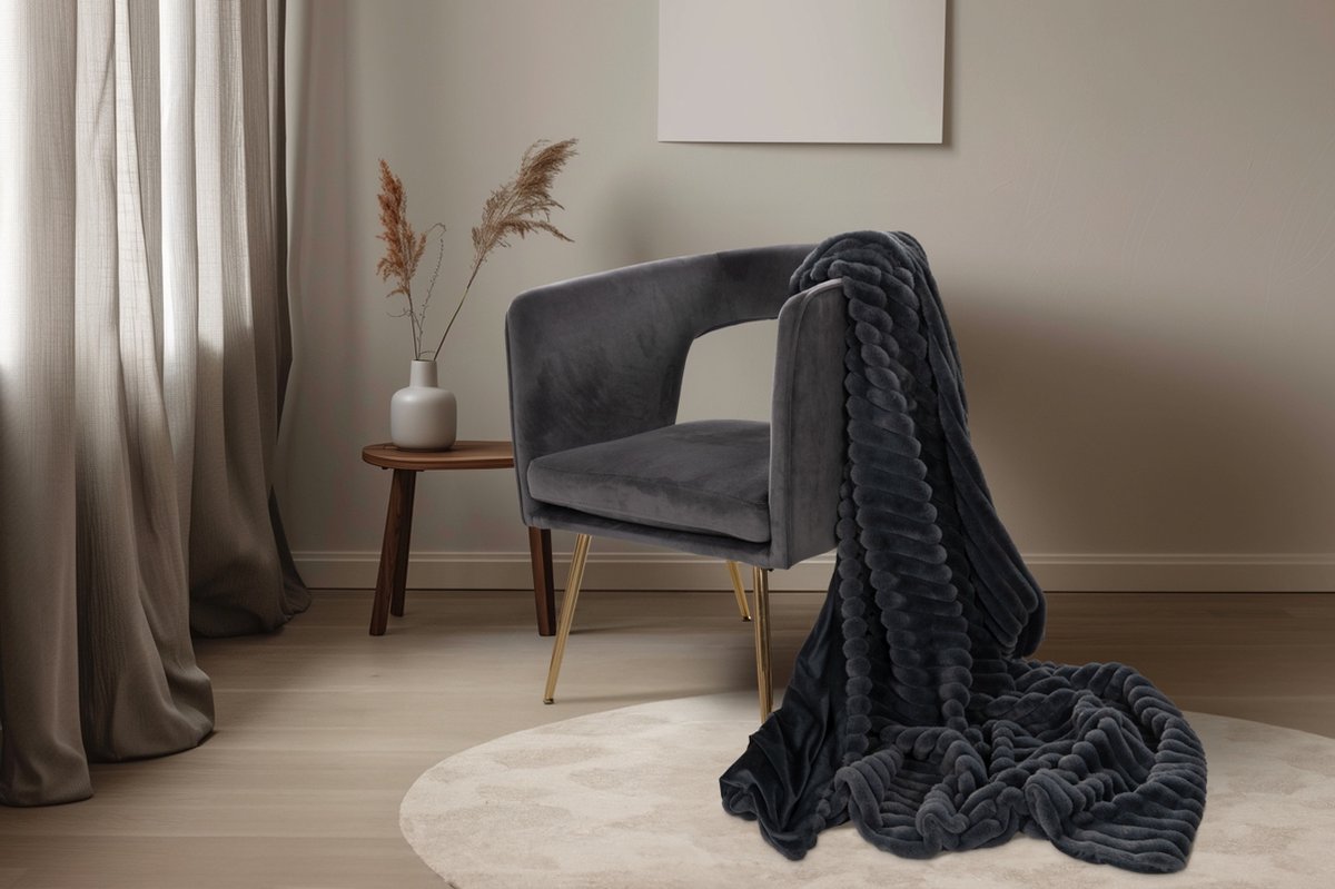 Lalee Pluche Fleece deken plaid zacht gestreept 3d imitatiebont plaid 150x200cm Antraciet grijs